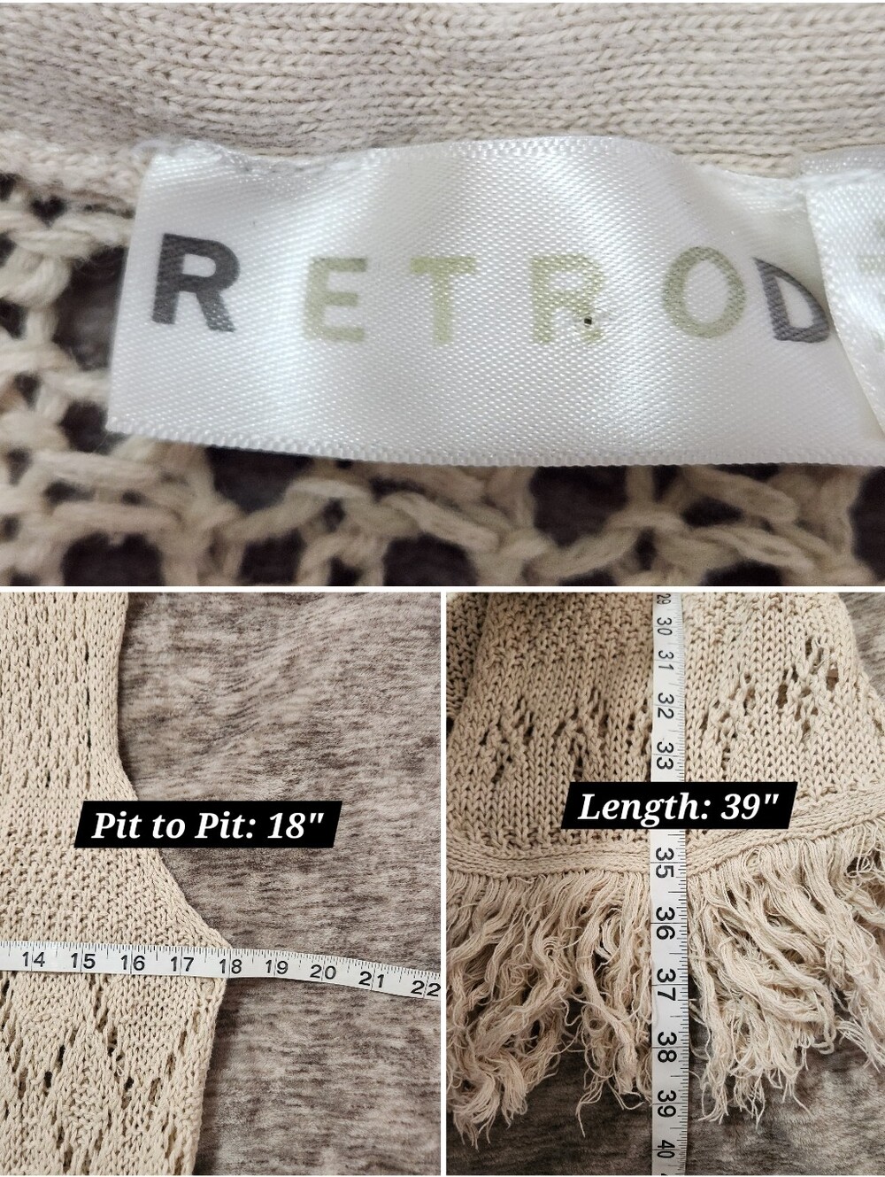 Retrod Boho Open Knit Crochet Fringe Sleeveless Long Duster Vest Oatmeal Size S - Picture 8 of 8